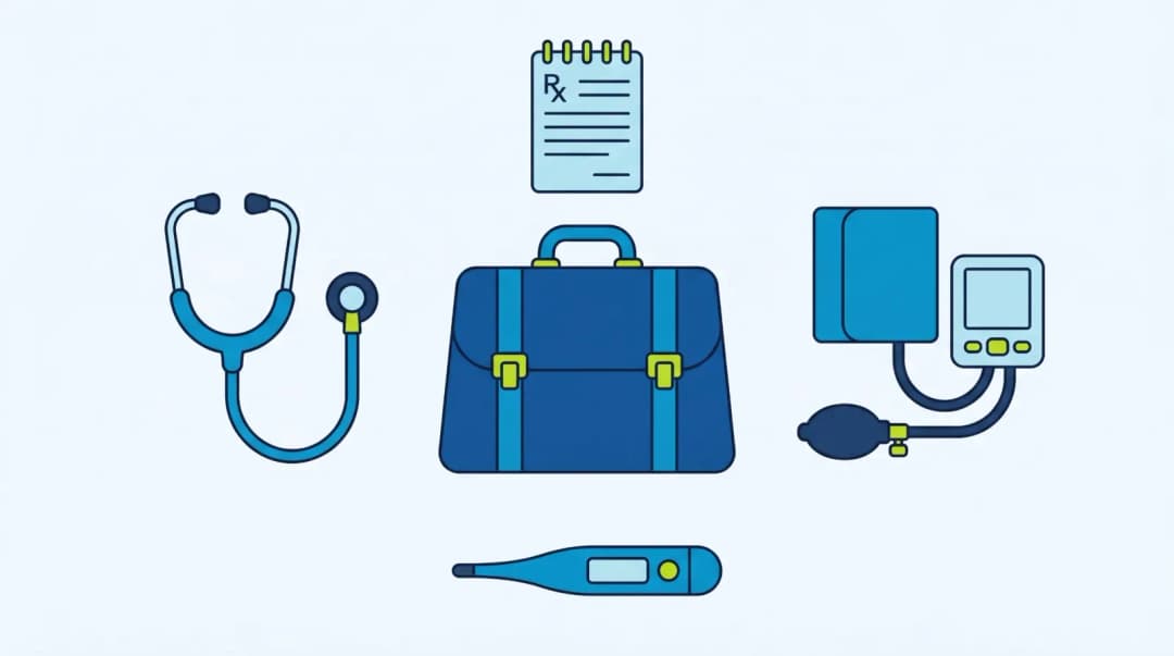 Illustration: a stethoscope, a doctor's bag, a prescription pad, a blood pressure monitor and a thermometer
