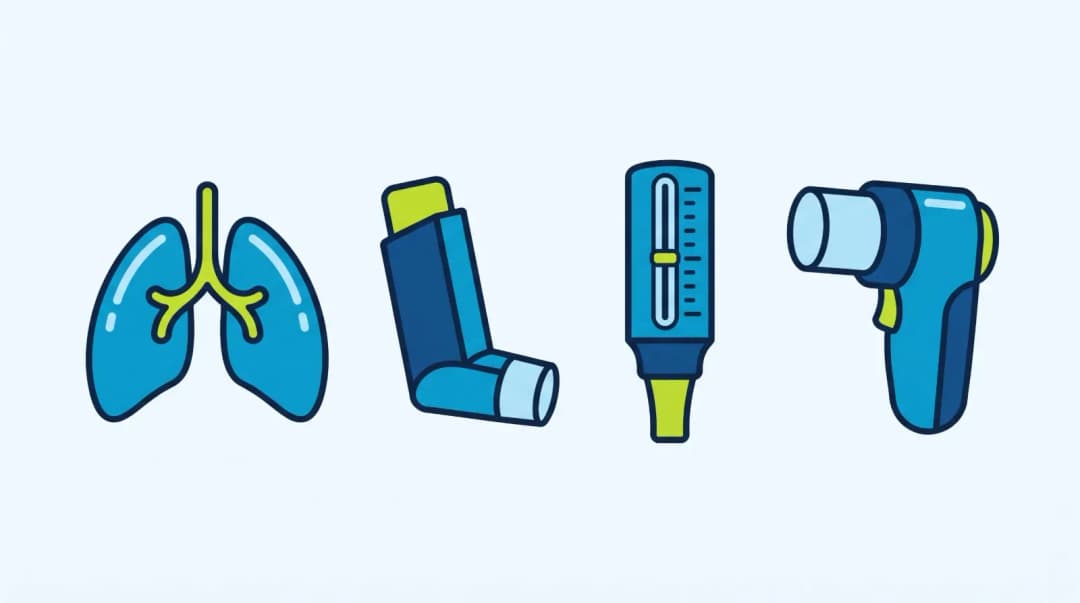 Illustration: a pair of lungs, an inhaler, a peak flow meter and a handheld spirometer