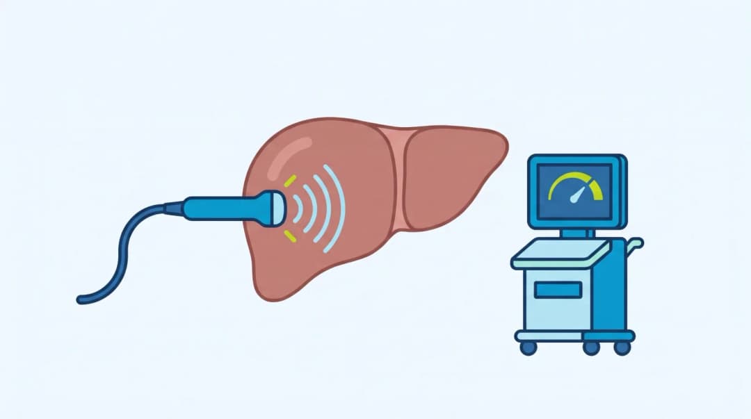 Illustration: a scan probe sending waves into a liver, beside the scanner on its trolley
