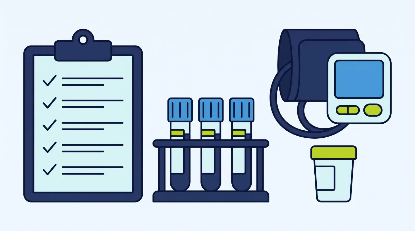 Illustration: a checklist on a clipboard, blood sample tubes in a rack, a blood pressure monitor and a sample container