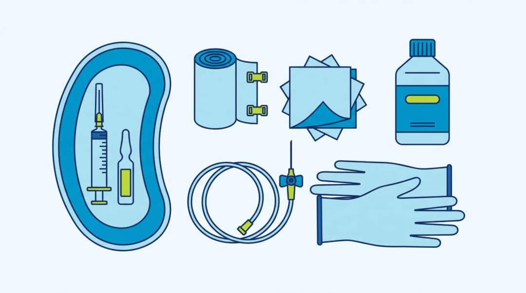 Illustration: a steel tray with a syringe and an ampoule, a bandage roll, gauze, an antiseptic bottle, an IV cannula and gloves