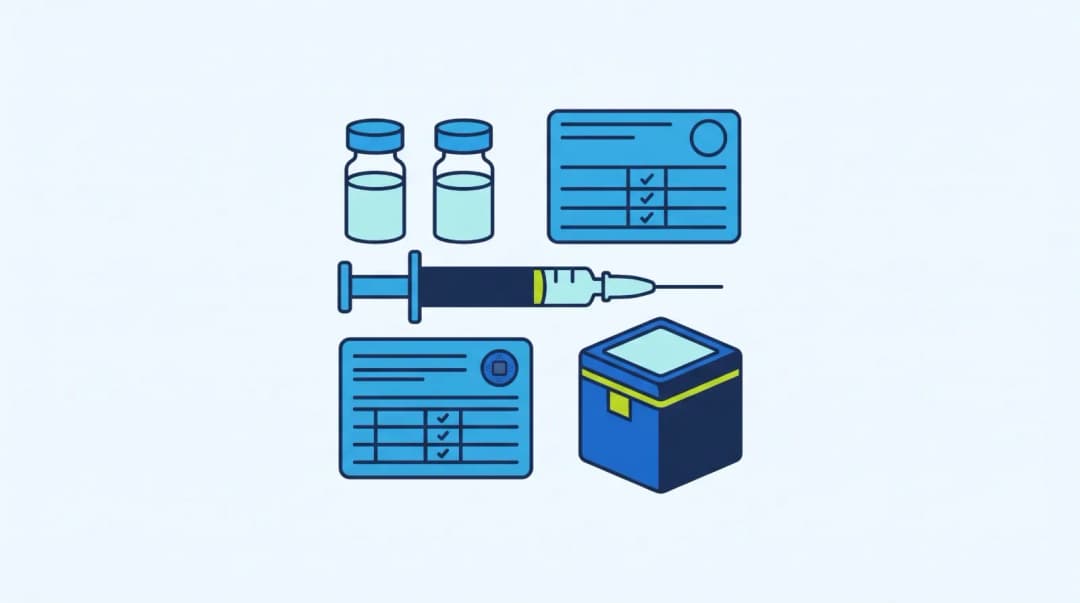 Illustration: vaccine vials, a capped syringe, vaccination record cards and a cold storage box