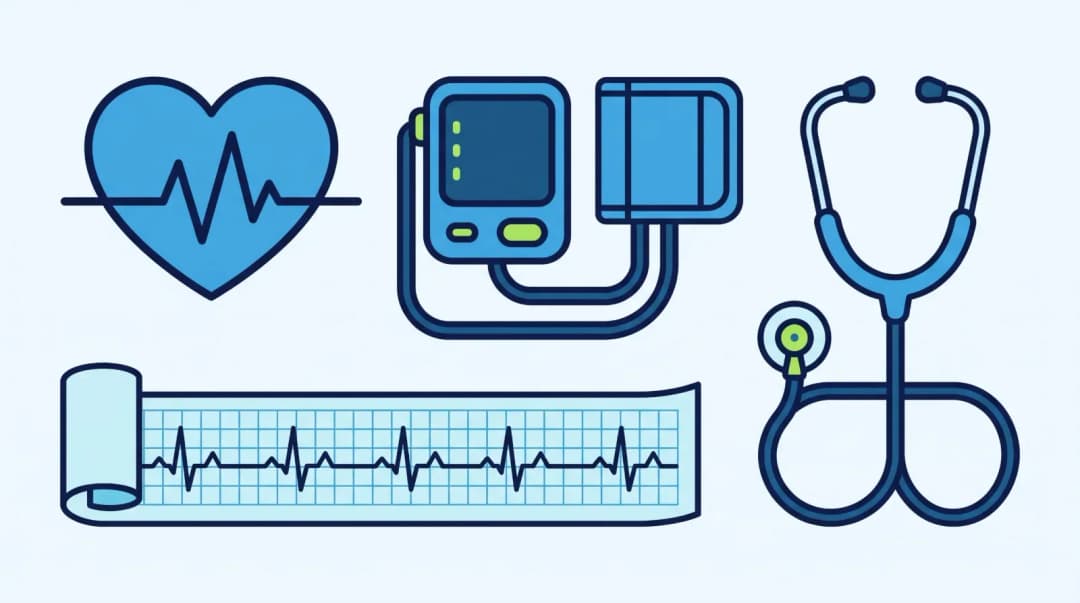 Illustration: a heart with an ECG trace, a blood pressure monitor, an ECG paper strip and a stethoscope