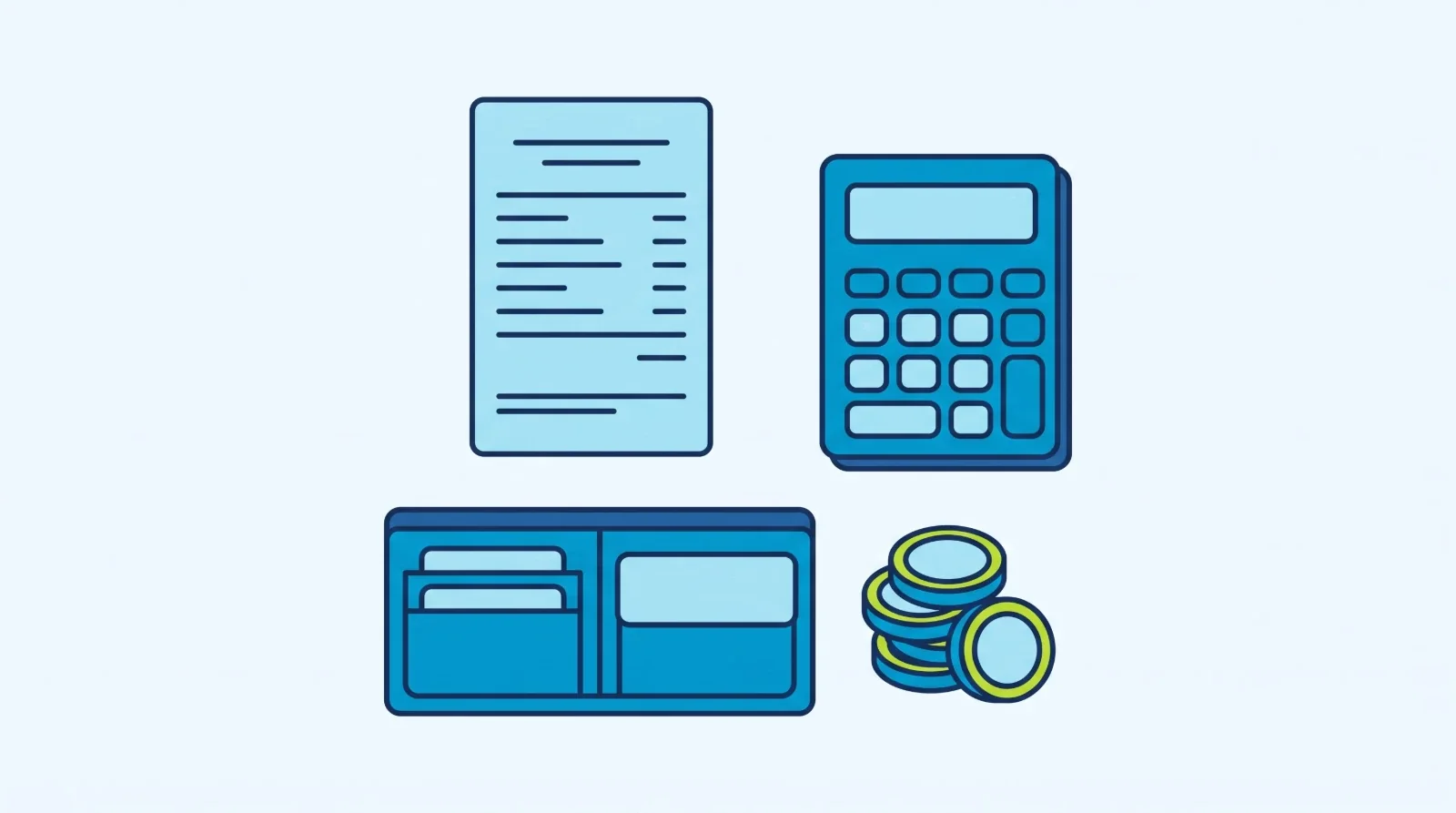 Illustration: a printed bill, a calculator, a wallet and a small stack of coins