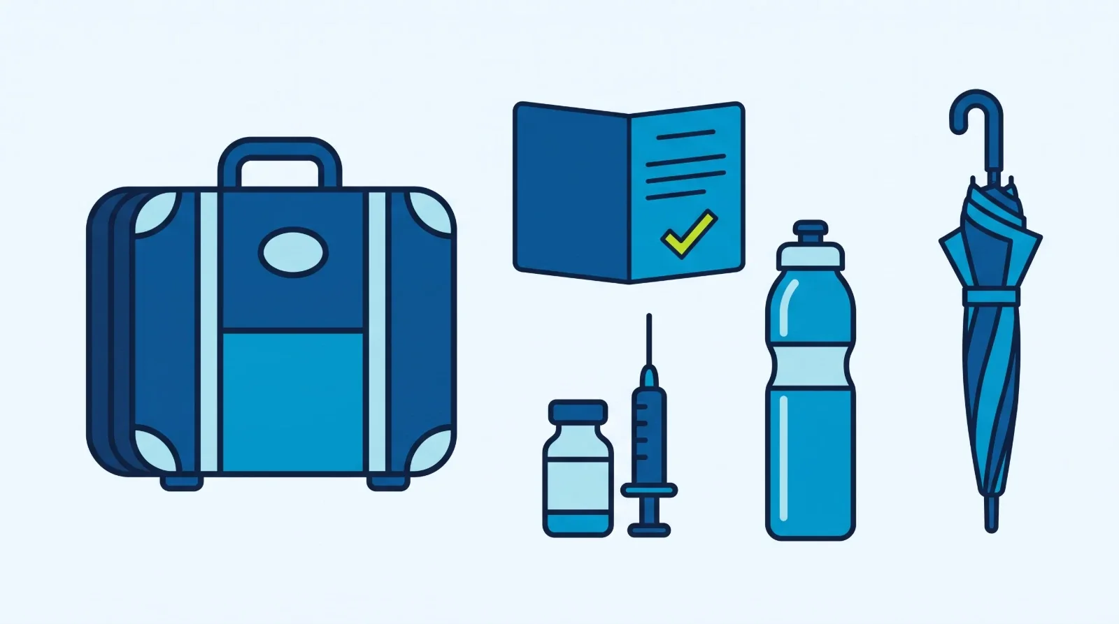 Illustration: a suitcase, a vaccination certificate booklet, a vaccine vial with a syringe, a water bottle and an umbrella