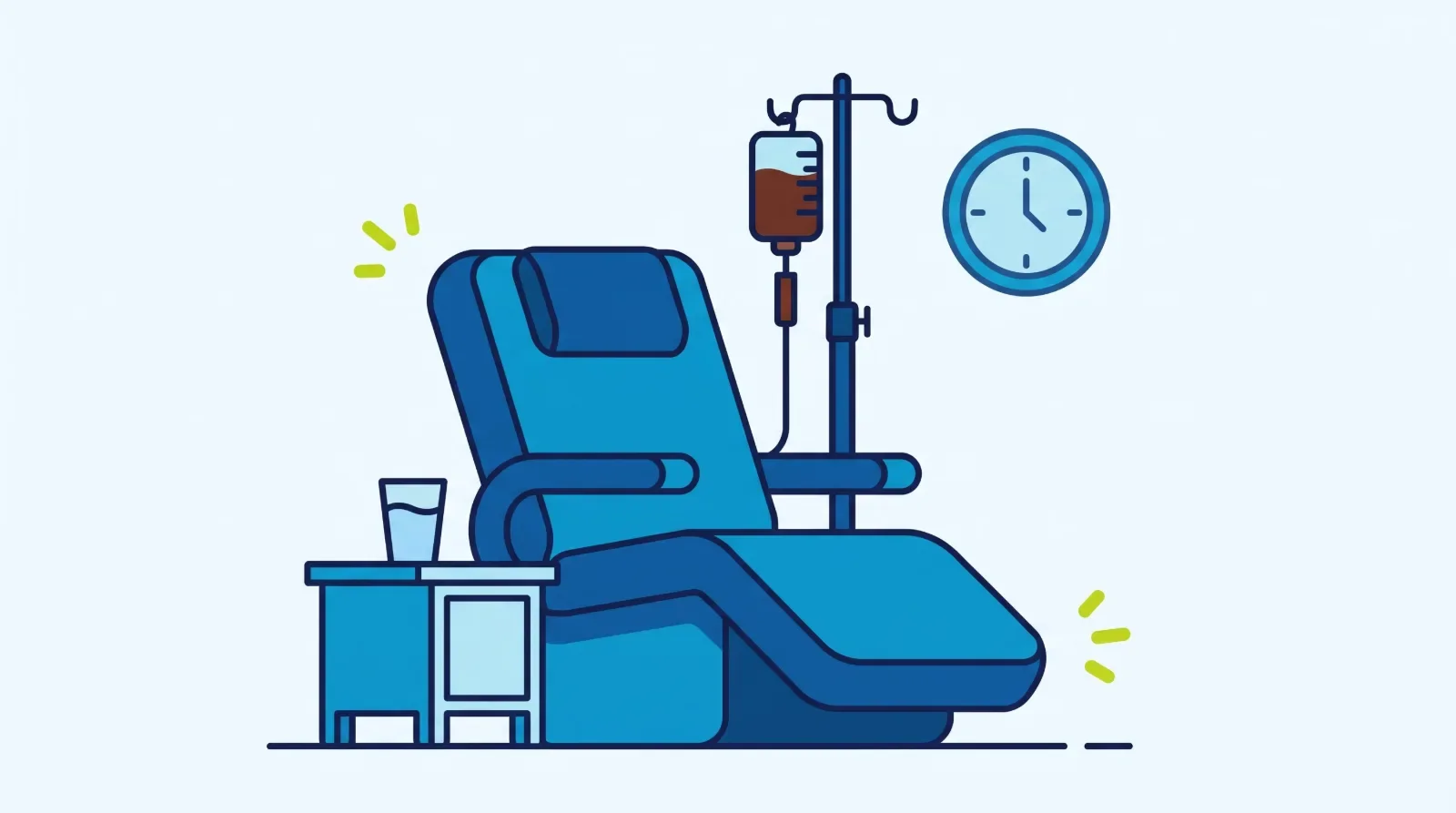 Illustration: a reclining chair beside a drip stand carrying a small bag of dark brown iron infusion, with a glass of water and a wall clock