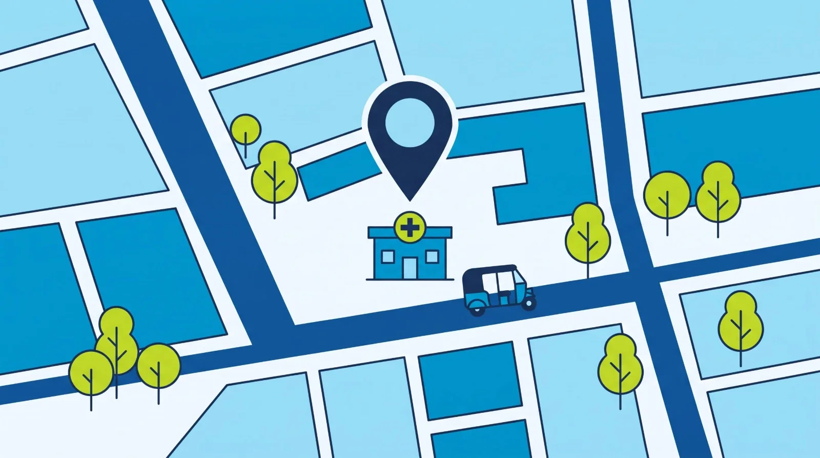 Illustration: a street map with a pin over a small clinic building, trees and an auto rickshaw on the road
