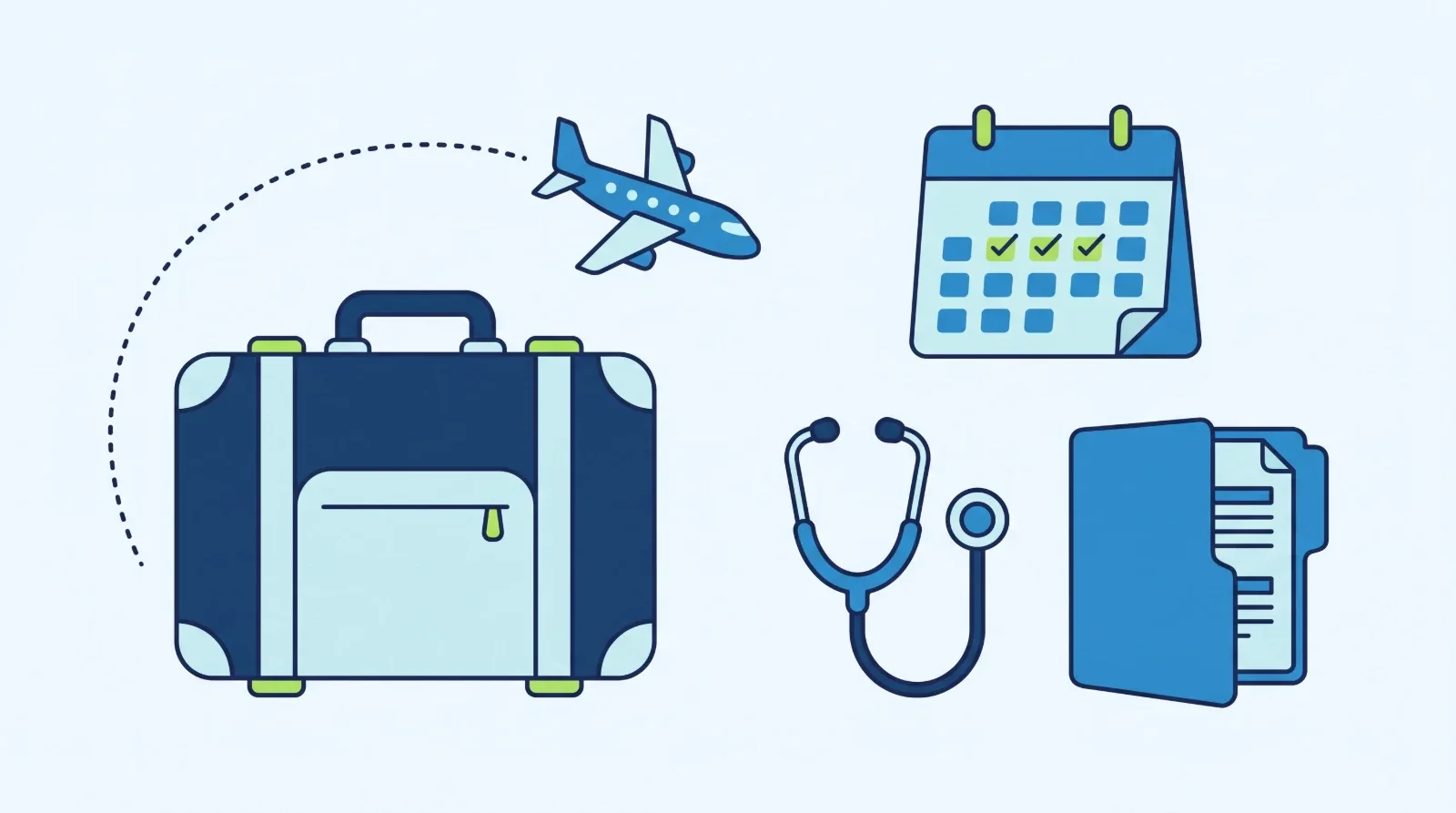 Illustration: a suitcase, an aeroplane, a calendar with days ticked, a stethoscope and a folder of reports