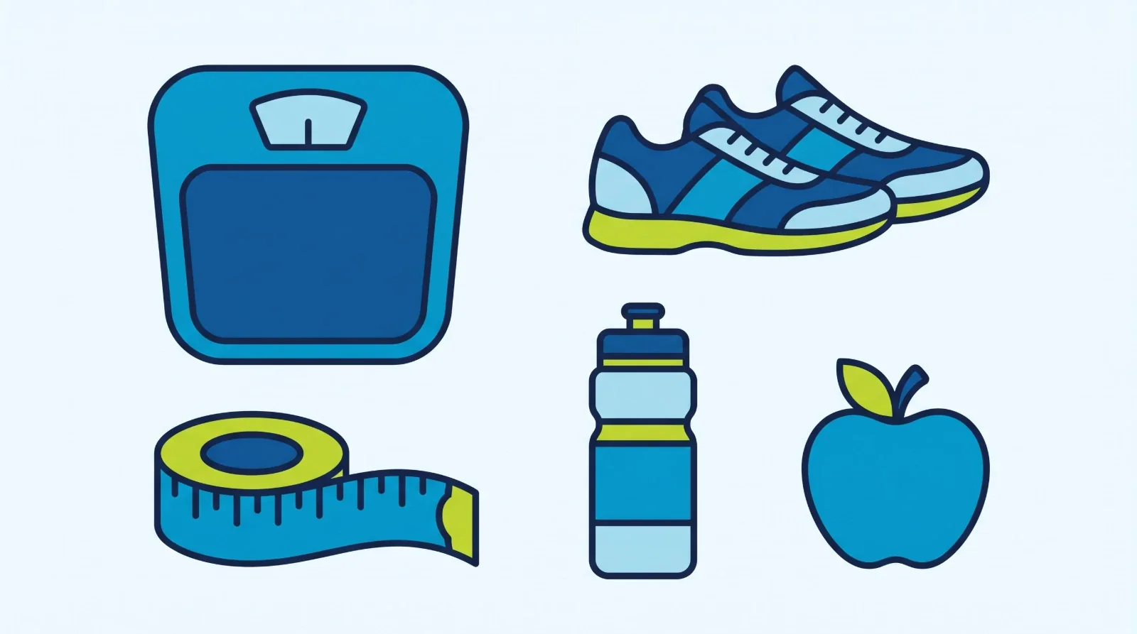 Illustration: a weighing scale, a measuring tape, walking shoes, a water bottle and an apple