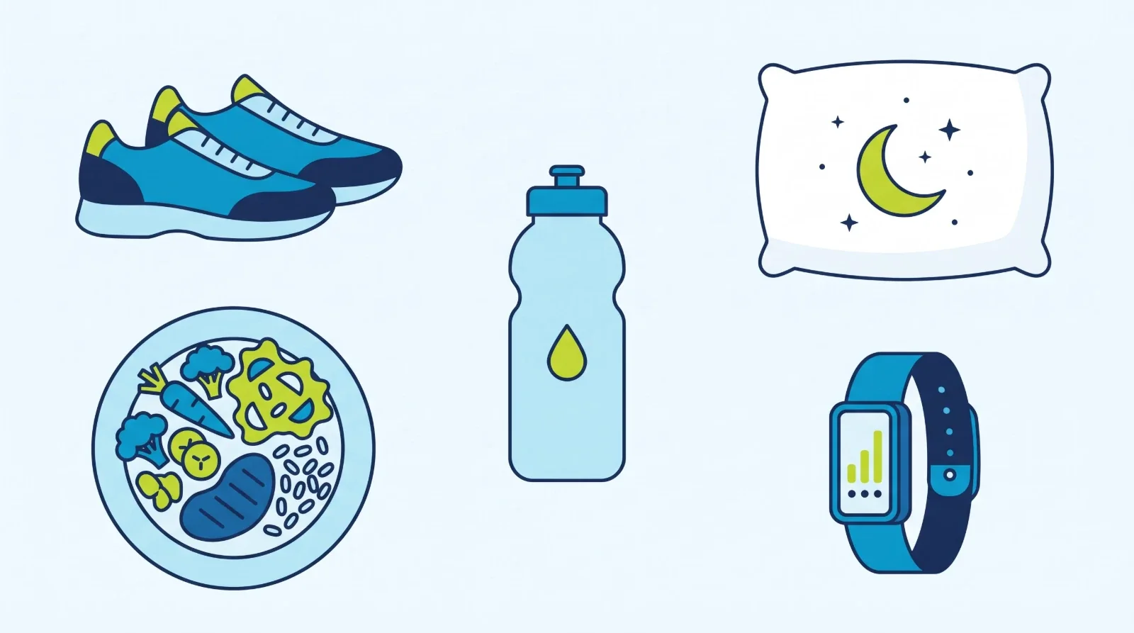 Illustration: walking shoes, a balanced plate, a water bottle, a pillow with a moon and a step counter band