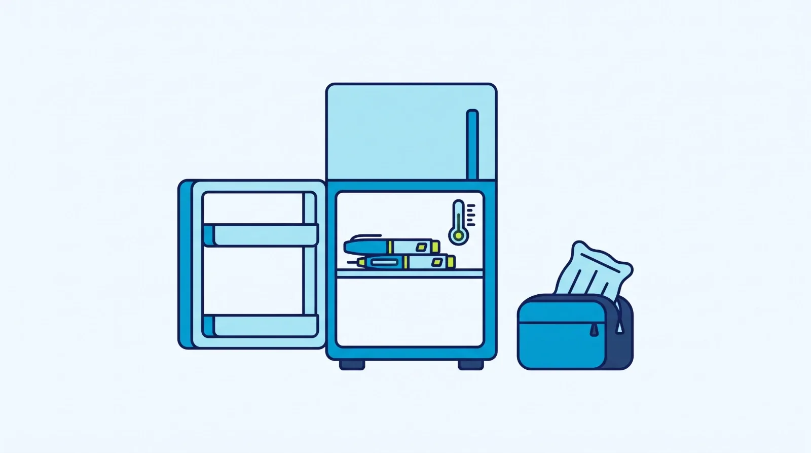 Illustration: an open refrigerator with injection pens on a middle shelf, beside an insulated travel pouch