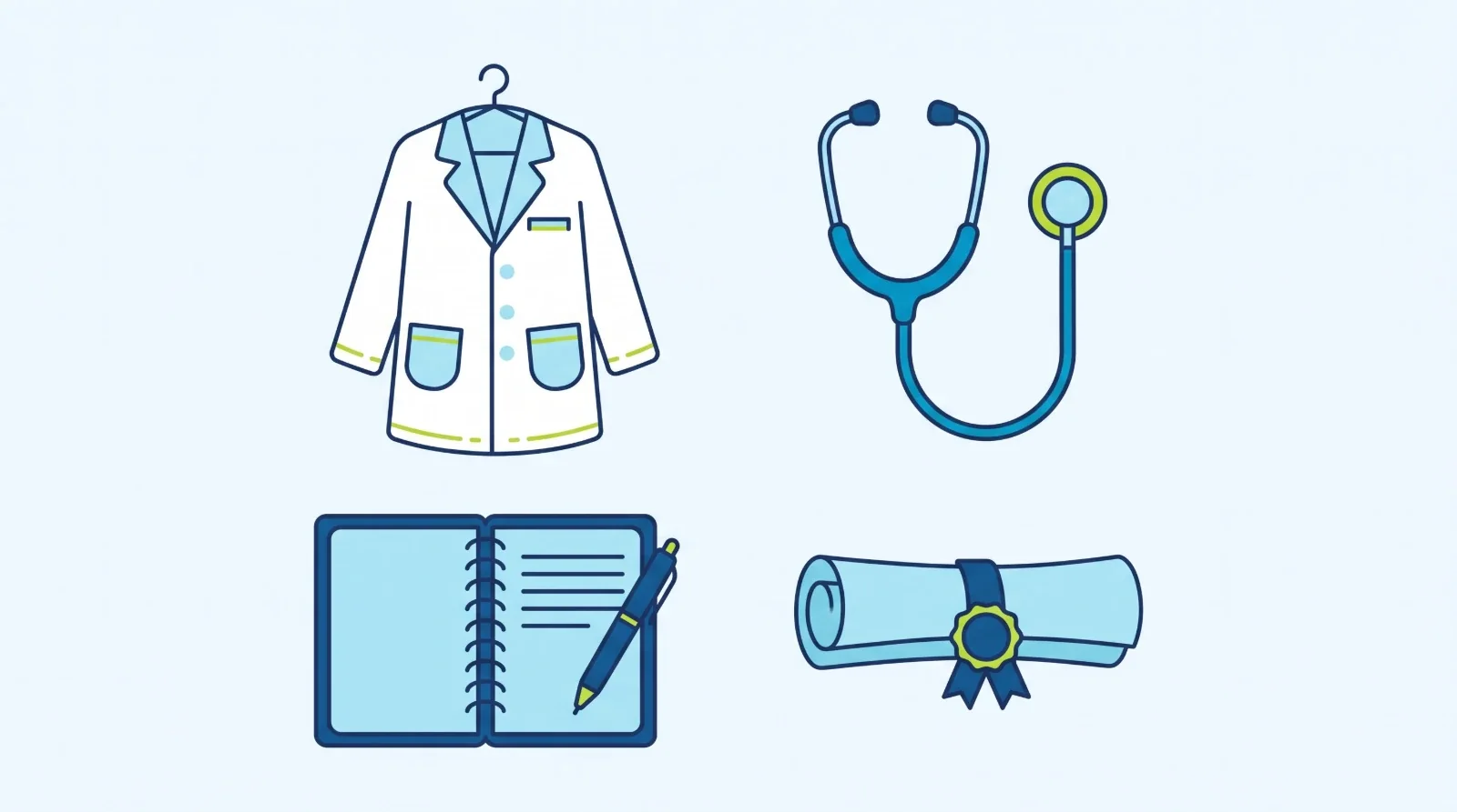 Illustration: a white coat on a hanger, a stethoscope, an open notebook with a pen and a rolled certificate