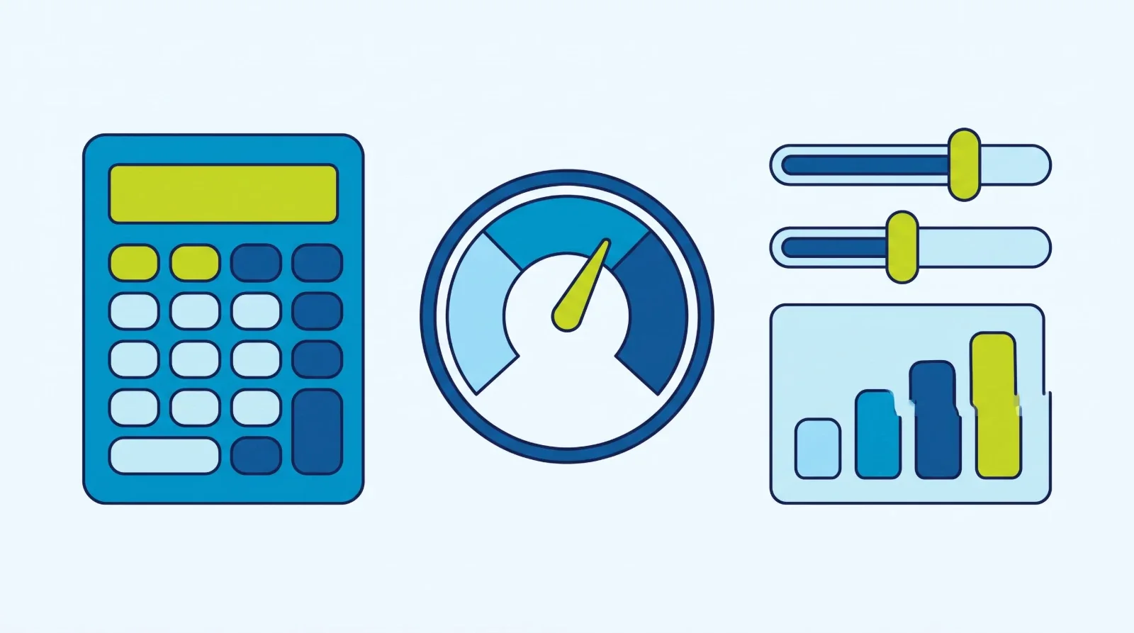 Illustration: a calculator, a gauge dial, two sliders and a small bar chart