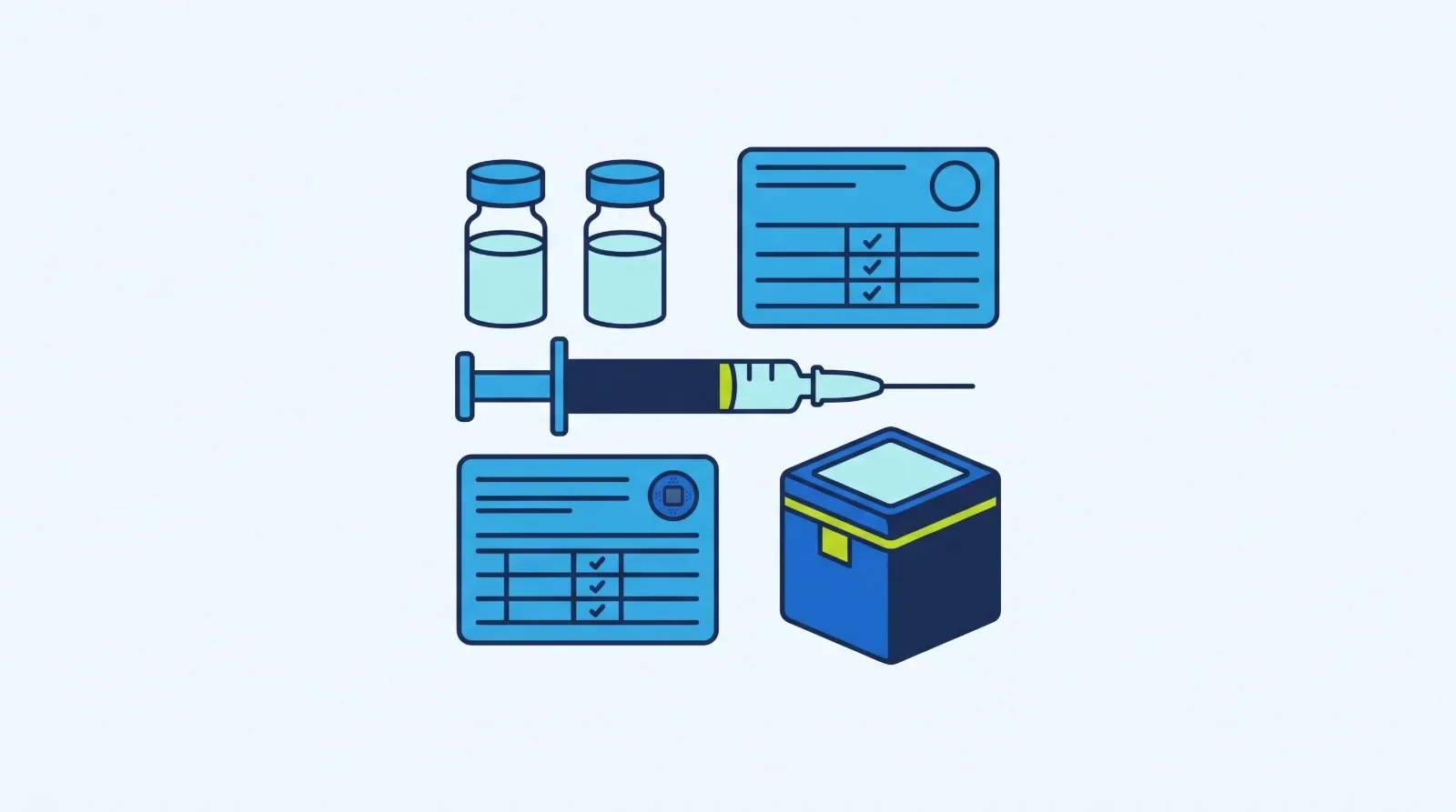 Illustration: vaccine vials, a capped syringe, vaccination record cards and a cold storage box