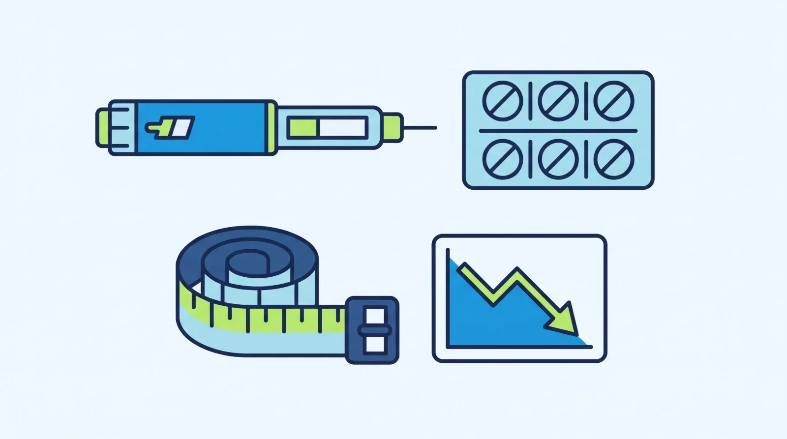 Illustration: an injection pen, a strip of tablets, a measuring tape and a falling line on a chart