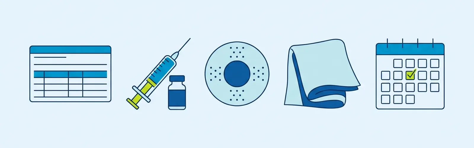 Drawing: The vaccination card, the vaccine, a plaster, a cool cloth, and the date of the next dose.