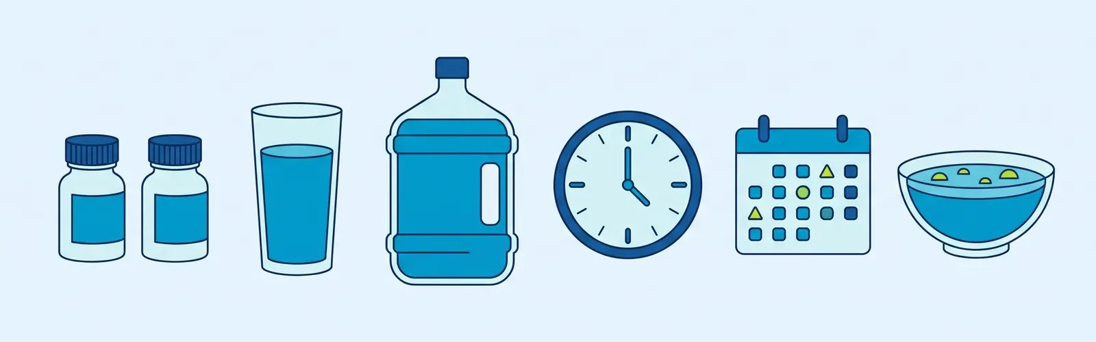 Drawing: The two bottles of the kit, a glass, plenty of water, the clock, the date, and clear soup.
