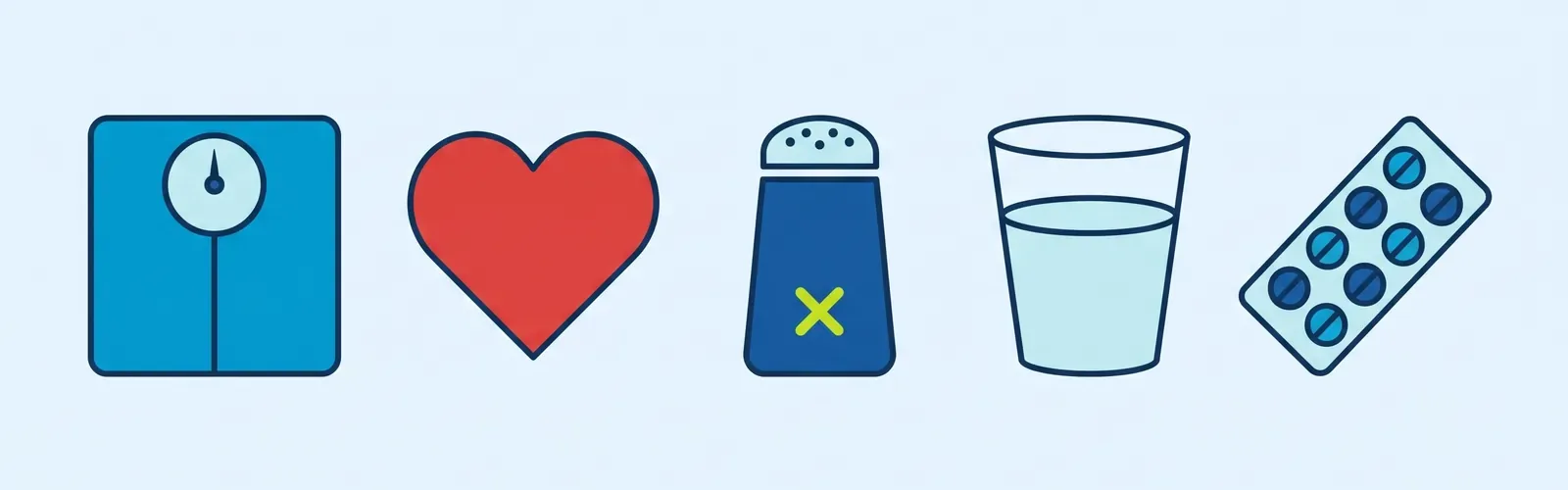 Drawing: A weighing scale, the heart, salt to avoid, measured fluids, and the daily tablets.
