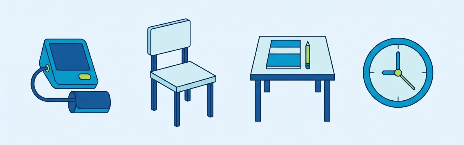 Drawing: An upper-arm blood pressure machine, a chair with a back, a table with the record, and a clock.