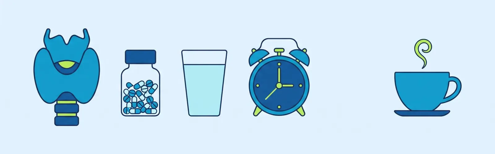 Drawing: The thyroid gland, the tablet bottle, a glass of plain water, a clock, and, kept apart, the cup of tea.